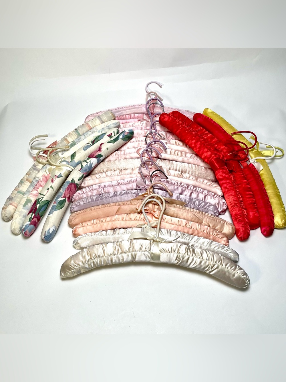 Vintage Padded Boudoir Hangers Lot of 22 Satin and Fabric Floral Ribbons Bows